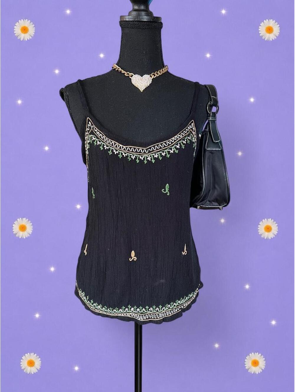 Vintage 1970s Boho Embroidered Black Gauze Tank Top Size Small 🖤 - Picture 1 of 4